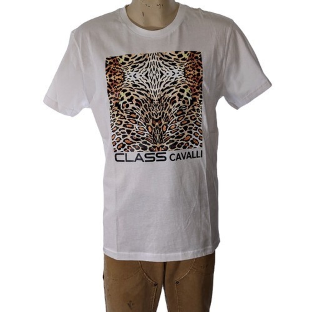 Cavalli Class Men's White Cotton Leopard Animal Print Graphic T-Shirt Sz XL NWT